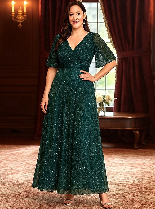 A-Line Ankle Length Wedding Guest Dress Formal Dresses Evening Gown Mother  of the Bride Dress Half Sleeve V Neck Plus Size Sparkle & Shine with Solid  Color 2026 - CAD $246.99
