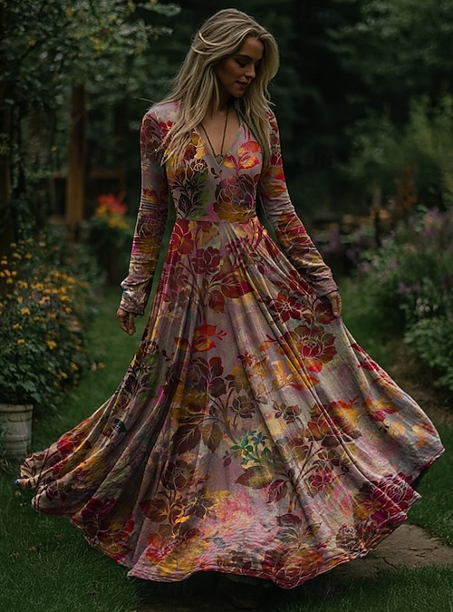 Christmas Women's Maxi Dress Pleated Dress Party Casual Boho Daily Date Going out Regular Fit Floral Long Sleeve V Neck Blue Purple Orange Spring Fall Winter 2026 - 34.99 Christmas Women's Maxi Dress Pleated Dress Party Casual Boho Daily Date Going out Regular Fit Floral Long Sleeve V Neck Blue Purple Orange Spring Fall Winter 2026 - 34.99