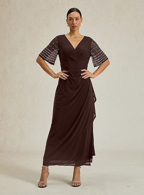 Women's Maxi Dress Sheath Dress Elegant Solid Color Short Sleeve V Neck  Brown 2026 - CHF145