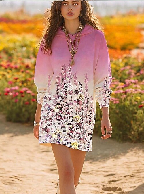 loose hoodie dress NSLGXD Women Hooded Maxi Dresses Casual Loose Long Sleeve Sweatshirt Long  Dress Winter Fall Drawstring Side Split Hoodie Dresses with Kangaroo Pocket