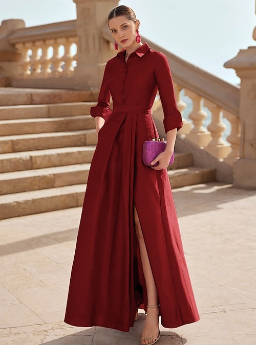 A-Line Floor Length Shirt Dress Wedding Guest Dress Formal Dresses Mother  of the Bride Dress Long Sleeve Shirt Collar Elegant Wedding Formal Satin  with Slit 2026 - $173.99