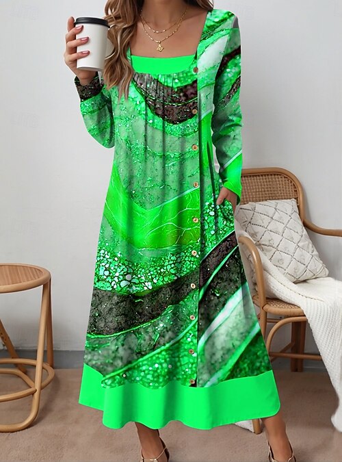 Women's Midi Dress Shift Dress Casual Daily Regular Fit Graphic Abstract Long Sleeve Square Neck Blue Yellow Purple Green Fall Winter