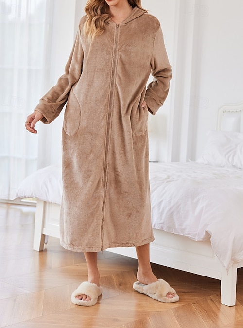 Amorbella Long Hooded Fleece Robe for Women Plush Fuzzy Bathrobe with Pockets(Gray,Large) at Women's Clothing store