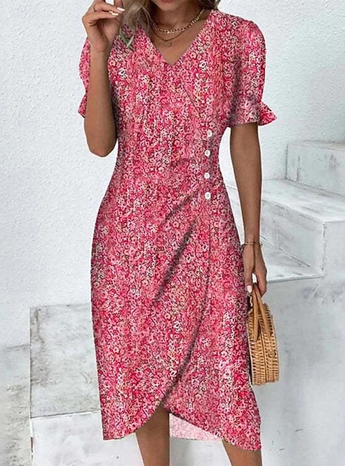 Women's Midi Dress Sheath Dress Wrap Dress Casual Daily Holiday Regular Fit  Floral Graphic Short Sleeve V Neck Pink Red Gold Summer Spring Fall 2026 -  $43.99