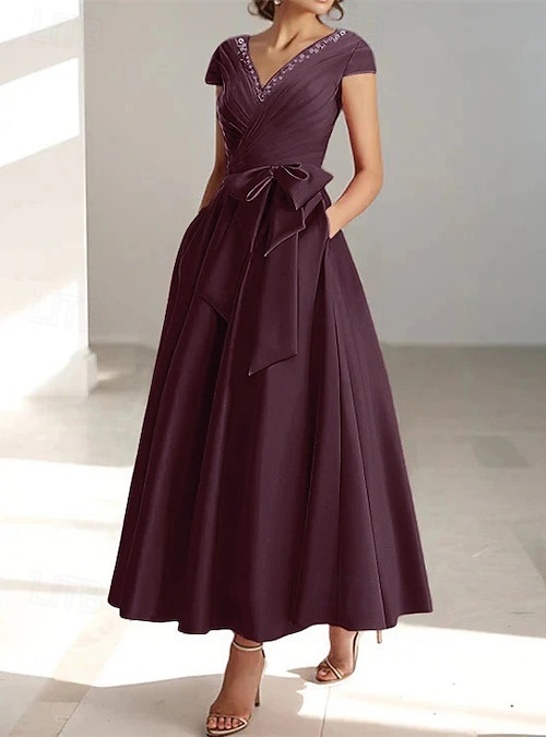A-Line Ankle Length Cocktail Dresses Party Dresses Elegant Silky Short Sleeve V Neck Wedding Formal Pocket Satin with Bow(s) Beading 2026 - $154.99 A-Line Ankle Length Cocktail Dresses Party Dresses Elegant Silky Short Sleeve V Neck Wedding Formal Pocket Satin with Bow(s) Beading 2026 - $154.99
