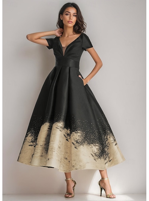 navy blue dress for baby girl A-Line Cocktail Dresses Elegant Dress Formal Fall Short / Mini Long Sleeve  V Neck Satin with Ruffles 2024 2026 main image 0