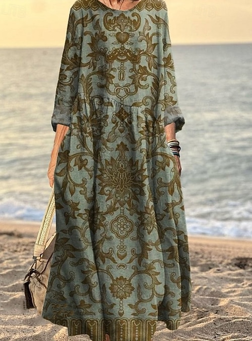 Women's Long Dress Maxi Dress Boho Dress Casual Dress Print Dress Elegant Fashion Modern Daily Outdoor Beach Regular Fit Graphic Long Sleeve Crew Neck Blue Orange Green Dark Blue Spring Autumn 2026 - Women's Long Dress Maxi Dress Boho Dress Casual Dress Print Dress Elegant Fashion Modern Daily Outdoor Beach Regular Fit Graphic Long Sleeve Crew Neck Blue Orange Green Dark Blue Spring Autumn 2026 -