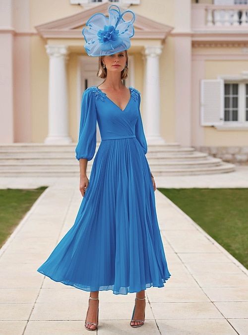 sachin and babi light blue dress New! Komarov Tiered Chiffon V-Neck 3/4 Sleeve A-Line Pleated Dress, size L main image 0