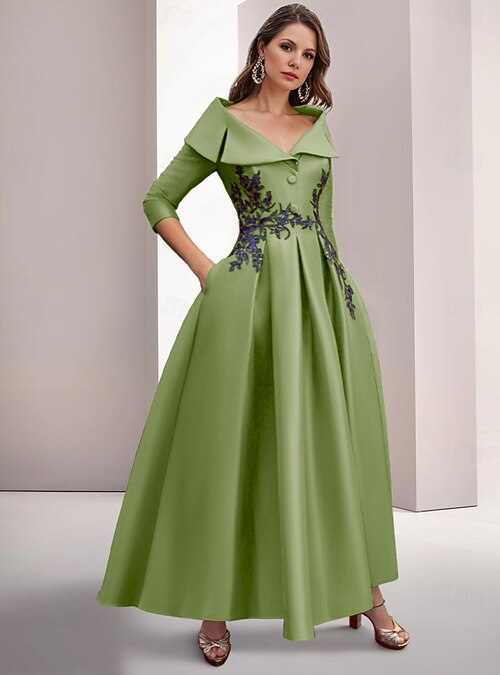A-Line Floor Length Evening Gown Ball Gown Formal Dress Elegant 3/4 Length Sleeve  Shirt Collar Formal Satin with Appliques 2026 - $197.99