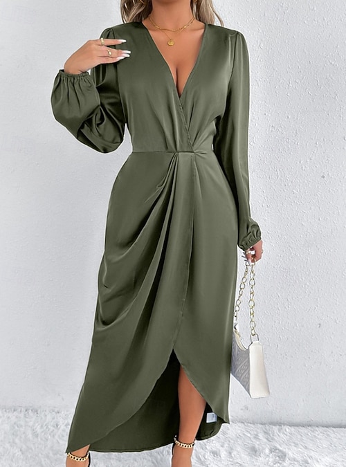 Women's Midi Dress Satin Dress Party Dress Cocktail Dress Elegant Fashion Modern Evening Party Party Regular Fit Plain Long Sleeve V Neck Pink Army Green Dark Green Brown Summer Fall Winter 2026 - Women's Midi Dress Satin Dress Party Dress Cocktail Dress Elegant Fashion Modern Evening Party Party Regular Fit Plain Long Sleeve V Neck Pink Army Green Dark Green Brown Summer Fall Winter 2026 -