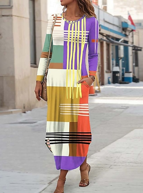 Women's Midi Dress Sheath Dress T Shirt Dress Tee Dress Vacation Casual Boho Holiday Date Regular Fit Graphic Geometric Abstract Long Sleeve Crew Neck