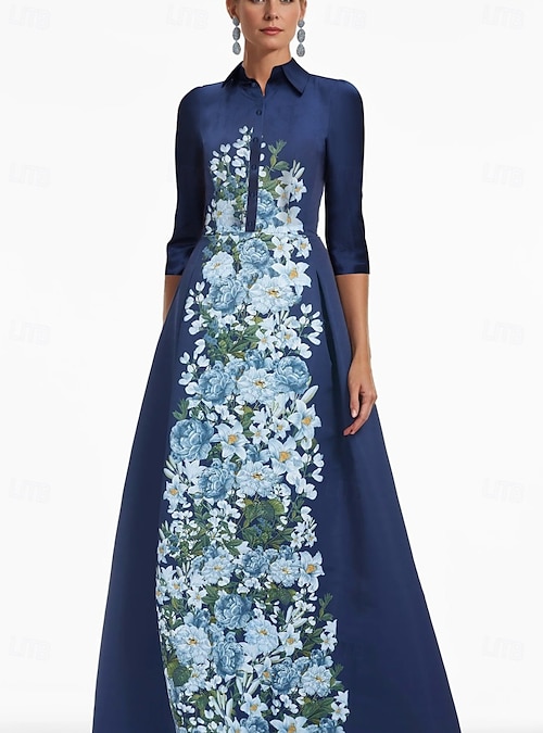A-Line Floor Length Shirt Dress Wedding Guest Dress Formal Dresses Mother  of the Bride Dress Long Sleeve Shirt Collar Elegant Vintage Wedding Formal  Satin with Floral Print 2026 - $176.99