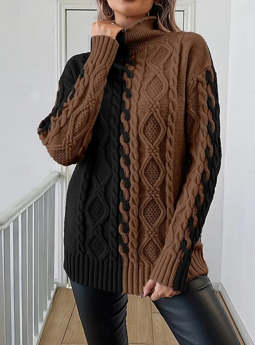 Damen Pullover Lässig Weich Farbblock Gerippt Stehkragen Gestrickt