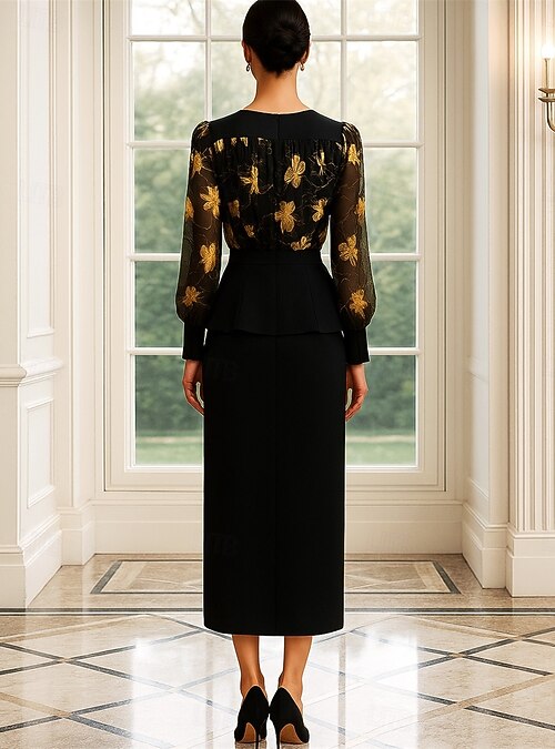Two Piece Dress Sets Tea Length Wedding Guest Dress Mother of the Bride  Dress Long Sleeve Crew Neck Elegant Vintage Cocktail Formal Chiffon with  Print 2026 - $121.99