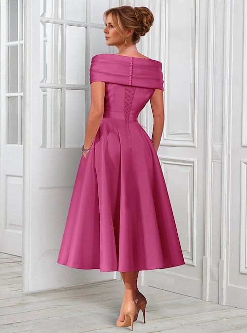 A-Line Tea Length Cocktail Dresses Party Dresses Elegant Sleeveless Off  Shoulder Garden Party Wedding Satin with Pleats 2026 - GBP 138