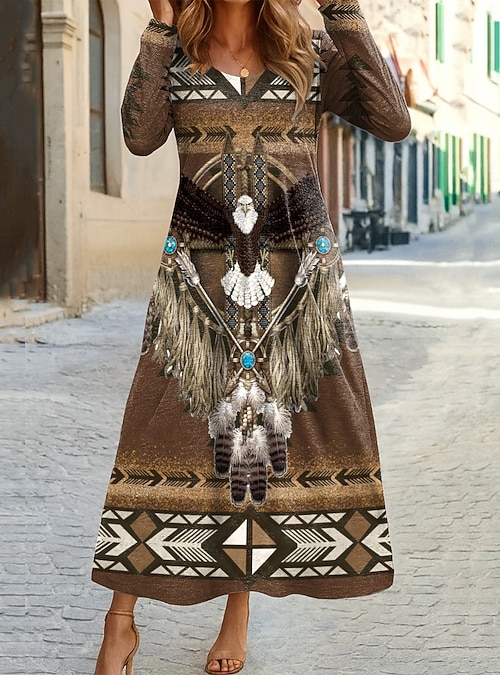 Women's Maxi Dress Boho Sheath Dress T Shirt Dress Tee Dress Vacation  Casual Holiday Date Regular Fit Graphic Geometric Tribal Long Sleeve Crew  Neck Blue Dark Brown Black Red Spring Fall 2026 -