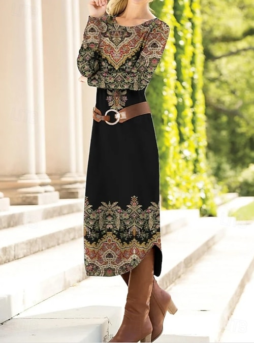 long sleeve shift dress wedding guest Women's Midi Dress Shift Dress Sheath Dress Party Casual Boho Daily Party Wedding Guest Regular Fit Graphic Geometric Paisley Long Sleeve Crew Neck Navy Black Brown Fall Winter Autumn 2026