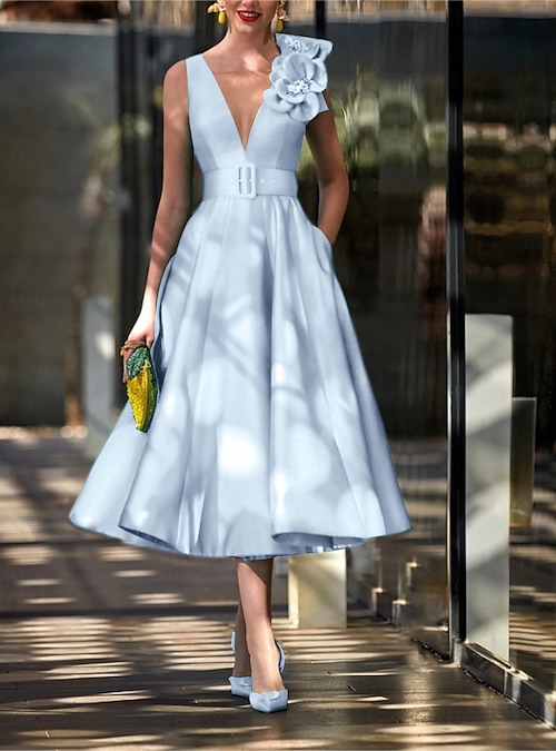 A-Line Tea Length Cocktail Dresses Party Dresses Elegant Vintage Sleeveless V Neck Formal Wedding Guest Belt / Sash Satin with Pleats Shouder Flower