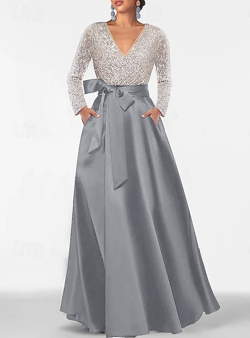 A-Line Floor Length Wedding Guest Dress Formal Dresses Flare Dress Mother of the Bride Dress Long Sleeve V Neck Elegant Wedding Formal Wedding Guest Satin with Glitter Bow(s) Slit 2026 - $173.99 A-Line Floor Length Wedding Guest Dress Formal Dresses Flare Dress Mother of the Bride Dress Long Sleeve V Neck Elegant Wedding Formal Wedding Guest Satin with Glitter Bow(s) Slit 2026 - $173.99