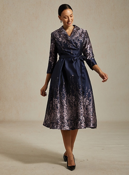 Women's Midi Dress Sheath Dress Elegant Birthday Floral 3/4 Length Sleeve  Shirt Collar Navy Blue 2026 - $159.99