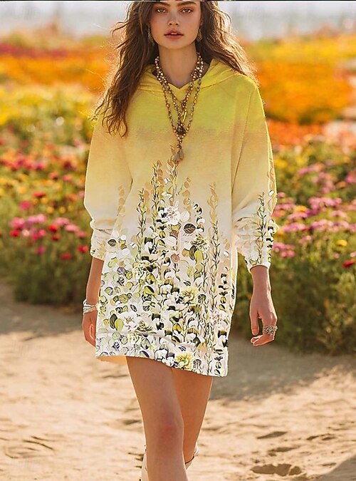 Women's Hoodie Dress Midi Dress Shift Dress Casual Outdoor Home Going out  Loose Fit Floral Long Sleeve Hoodie Yellow Pink Purple Green Spring Fall  Winter 2026 - $40.99