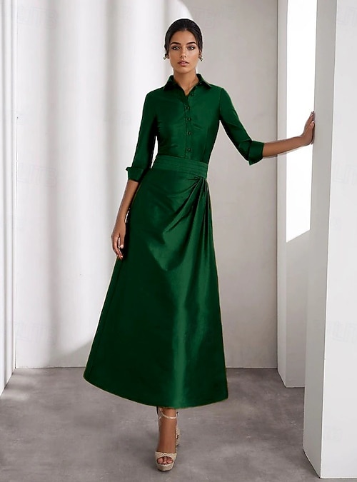 shirt dress for cocktail party A-Line Ankle Length Shirt Dress Party Dress Cocktail Dress Mother of the  Bride Dress Long Sleeve Shirt Collar Elegant Wedding Formal Taffeta with  Pleats Slit 2026