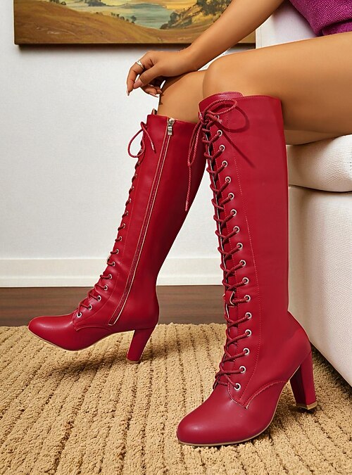 boot heels red lace up heels knee high