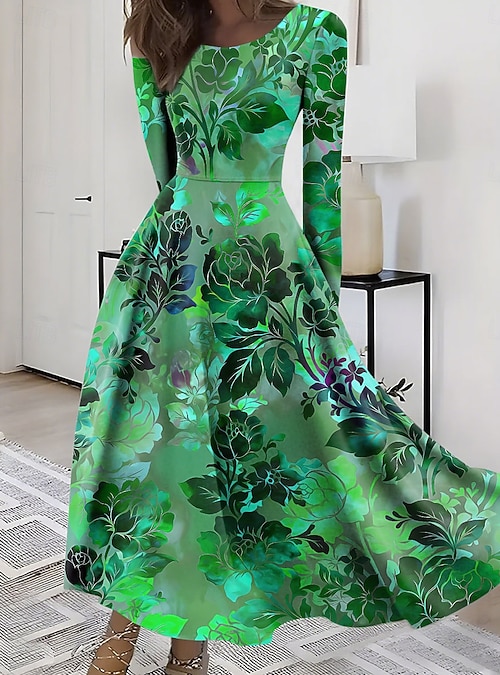 Women's Midi Dress A Line Dress Fit And Flare Dress Vacation Casual Boho  Daily Party Going out Regular Fit Floral Graphic Long Sleeve Crew Neck Blue  Red Purple Green Summer Spring Fall