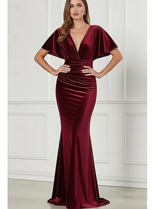 Mermaid Trumpet Floor Length Prom Dresses Evening Gown Ball Gown Formal  Dress Elegant Short Sleeve V Neck Wedding Formal Velvet with Pleats 2026 -  OMR 72.79