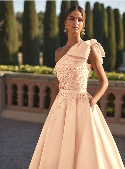 A-Line Floor Length Evening Gown Ball Gown Formal Dress Elegant Sleeveless  One Shoulder Garden Party Wedding Satin with Glitter Bow(s) Beading 2026 -  OMR 84.99