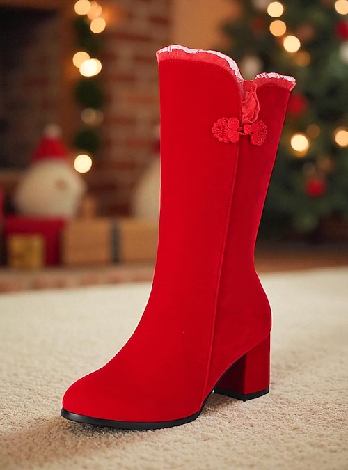 Women's Red Mid-Calf Boots with Side Zipper, Block Heel and Floral Trim Elegant Winter Dress Boots for Christmas, Holiday Parties and Formal Occasions 2026 - $59.99 Women's Red Mid-Calf Boots with Side Zipper, Block Heel and Floral Trim Elegant Winter Dress Boots for Christmas, Holiday Parties and Formal Occasions 2026 - $59.99