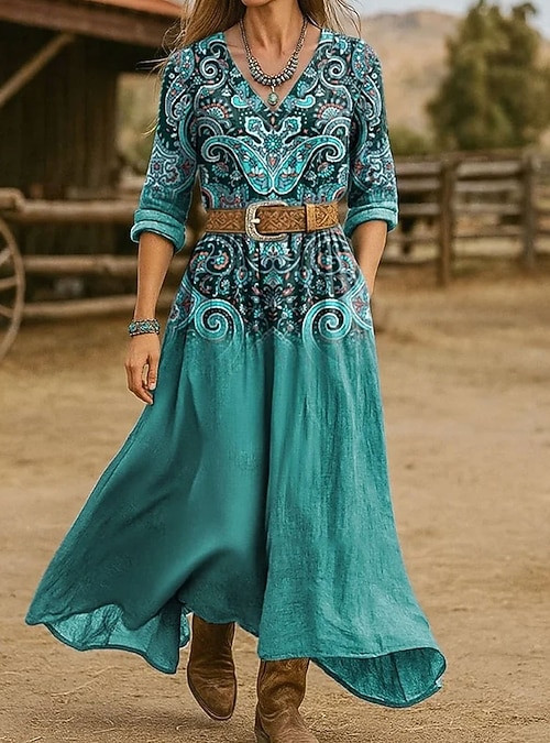 Women's Midi Dress Boho A Line Dress Vacation Casual Regular Fit Graphic  Paisley 3/4 Length Sleeve V Neck Blue Khaki Spring Fall 2026 - $34.99