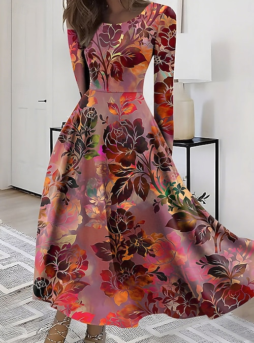 Women's Midi Dress A Line Dress Fit And Flare Dress Vacation Casual Boho  Daily Party Going out Regular Fit Floral Graphic Long Sleeve Crew Neck Blue  Red Purple Green Summer Spring Fall