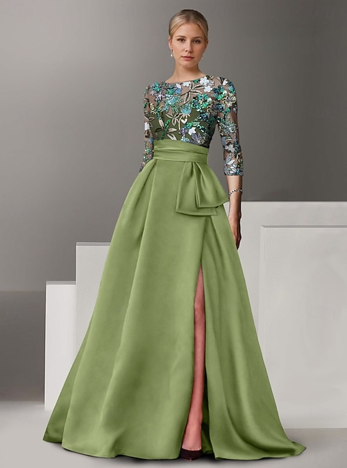 A-Line Floor Length Beaded Eembroidered Formal Dresses Mother of the Bride  Dress Evening Gown Ball Gown Formal Dress Elegant Color Block High Split  Half Sleeve Shirt Collar Wedding Formal Satin with 2026 -
