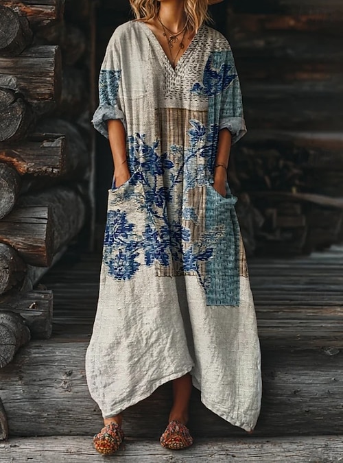 Women's Maxi Dress Boho Sundress A Line Dress Vacation Casual Birthday Daily Holiday Loose Fit Floral Long Sleeve V Neck Yellow Red Blue Purple Spring