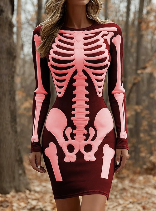 red t shirt bodycon dress Halloween Women's Mini Dress Tee Dress Dress Vacation Casual Party Daily Slim Graphic Skull Long Sleeve Crew Neck White Purple Green Spring Fall Winter 2026 block design knitted dresses From ‘I do’ to Color:Dusty Blue A.