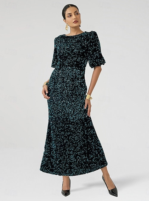Velour Sequin Puff Sleeve Sparkly Elegant Maxi Dress 2026 - $135.99