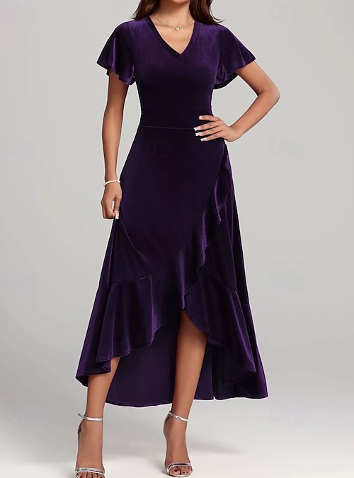 Women's Midi Dress Christmas Dress Velvet Dress Cocktail Dress Elegant  Fashion Modern Daily Outdoor Evening Party Regular Fit Plain Short Sleeve V  Neck Black Red Purple Spring Autumn 2026 - $34.99