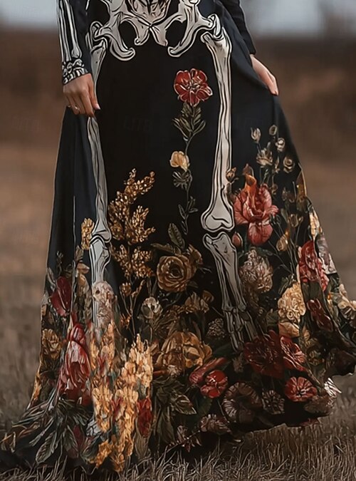 Women's Skeleton Floor length Sheath Dress A Line Dress Casual Boho Wedding  Guest Beach Regular Fit Floral Graphic Long Sleeve Crew Neck Black Spring  Fall Winter 2026