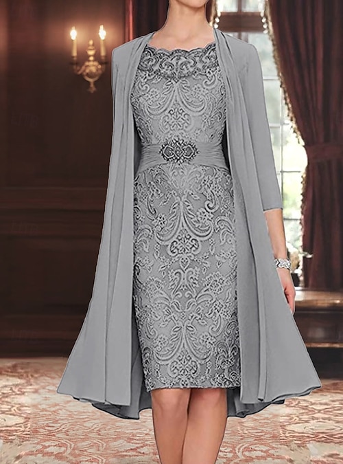 Dress Sets Knee Length Wedding Guest Dress Mother of the Bride Dress Long  Sleeve Crew Neck Elegant Simple Wedding Guest with Solid Color 2026 - GBP  172