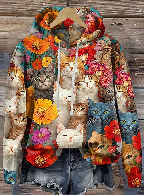 Per donna Felpa con cappuccio Grafico Gatto Caldo Vintage Moda