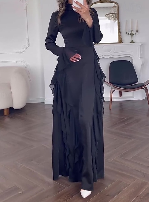 Women's Long Dress Maxi Dress Prom Dress Party Dress Cocktail Dress Elegant  Modern Flare Cuff Sleeve Evening Party Party Regular Fit Plain Long Sleeve  Crew Neck Black White Pink Wine Fall Winter