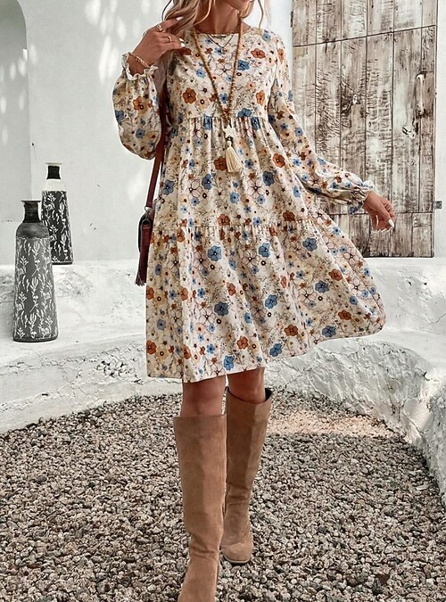 Women's Midi Dress A Line Dress Casual Daily Regular Fit Floral Long Sleeve V Neck Apricot Spring Fall 2026 - $27.99 Women's Midi Dress A Line Dress Casual Daily Regular Fit Floral Long Sleeve V Neck Apricot Spring Fall 2026 - $27.99