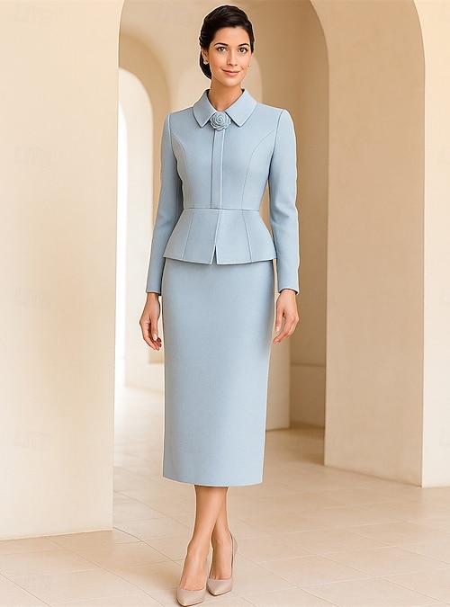 Sheath Column Tea Length Party Dress Cocktail Dress Wedding Guest Dress  Mother of the Bride Dress Long Sleeve Shirt Collar Elegant Vintage Formal  Spandex Jacket Dresses with Color Block 2026 - CAD $286.99