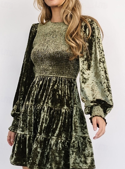 open lace back dress Zapaka Women Velvet Holiday Party Dress with Long Sleeves Dark Green Tight Cocktail Dress, Dark Green / L main image 1