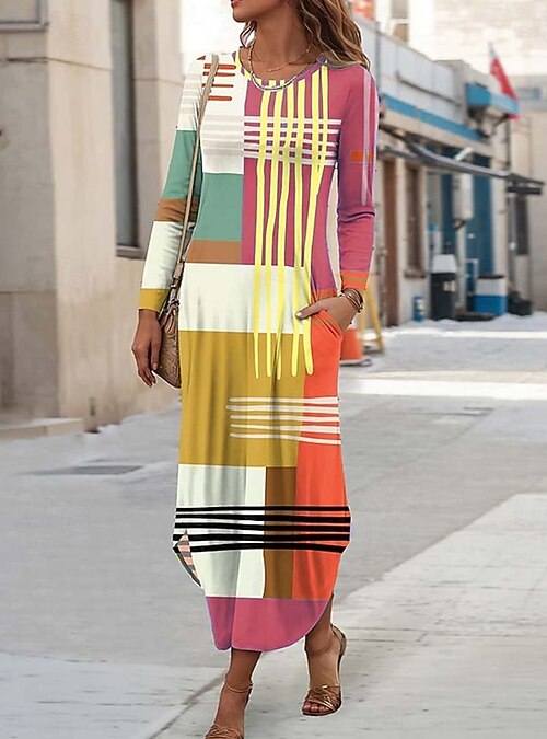 Women's Midi Dress Sheath Dress T Shirt Dress Tee Dress Vacation Casual Boho Holiday Date Regular Fit Graphic Geometric Abstract Long Sleeve Crew Neck