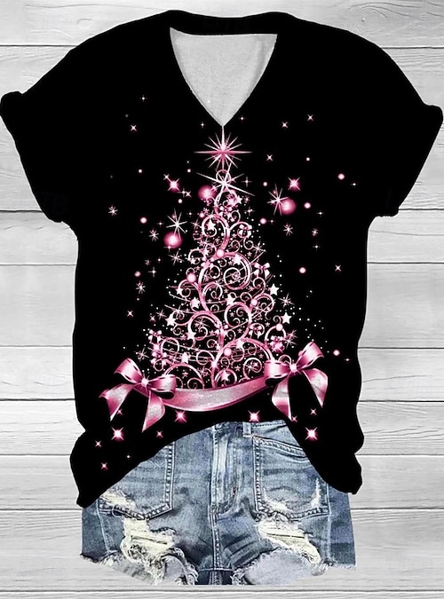 T-shirt Basique Nches Courtes Avec Imprimé D'arbre De Noël Et D'étoile Aux Lum