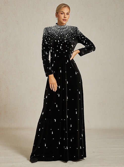Women's Maxi Dress Sheath Dress Elegant Party Evening Party Beaded Solid Color Long Sleeve Turtleneck Black Women's Maxi Dress Sheath Dress Elegant Party Evening Party Beaded Solid Color Long Sleeve Turtleneck Black