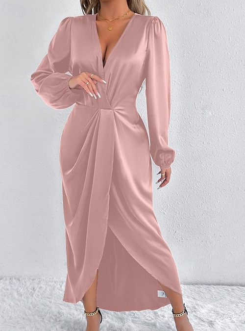 Women's Midi Dress Satin Dress Party Dress Cocktail Dress Elegant Fashion  Modern Evening Party Party Regular Fit Plain Long Sleeve V Neck Pink Army  Green Dark Green Brown Summer Fall Winter 2026 -