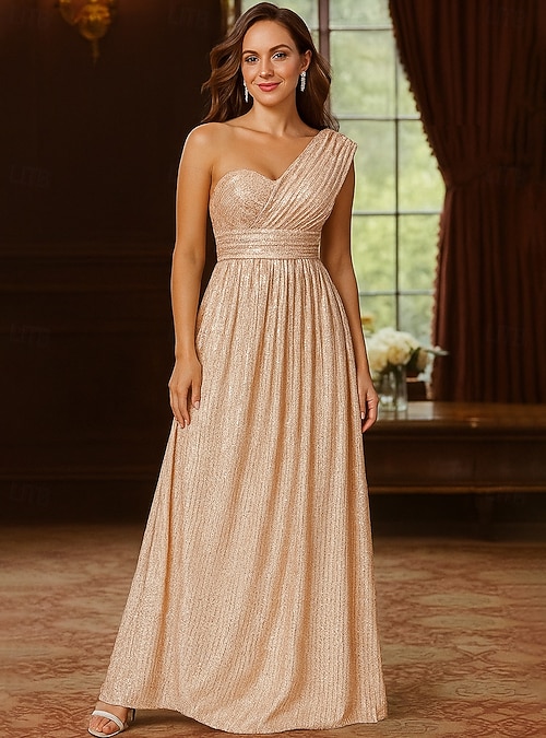 A-Line Floor Length Wedding Guest Dress Formal Dresses Evening Gown Mother  of the Bride Dress Sleeveless One Shoulder Elegant Vintage Luxurious Formal  Spandex with Sequin 2026 - 105.99